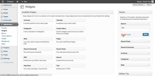 Pinboard Delete Header Widgets